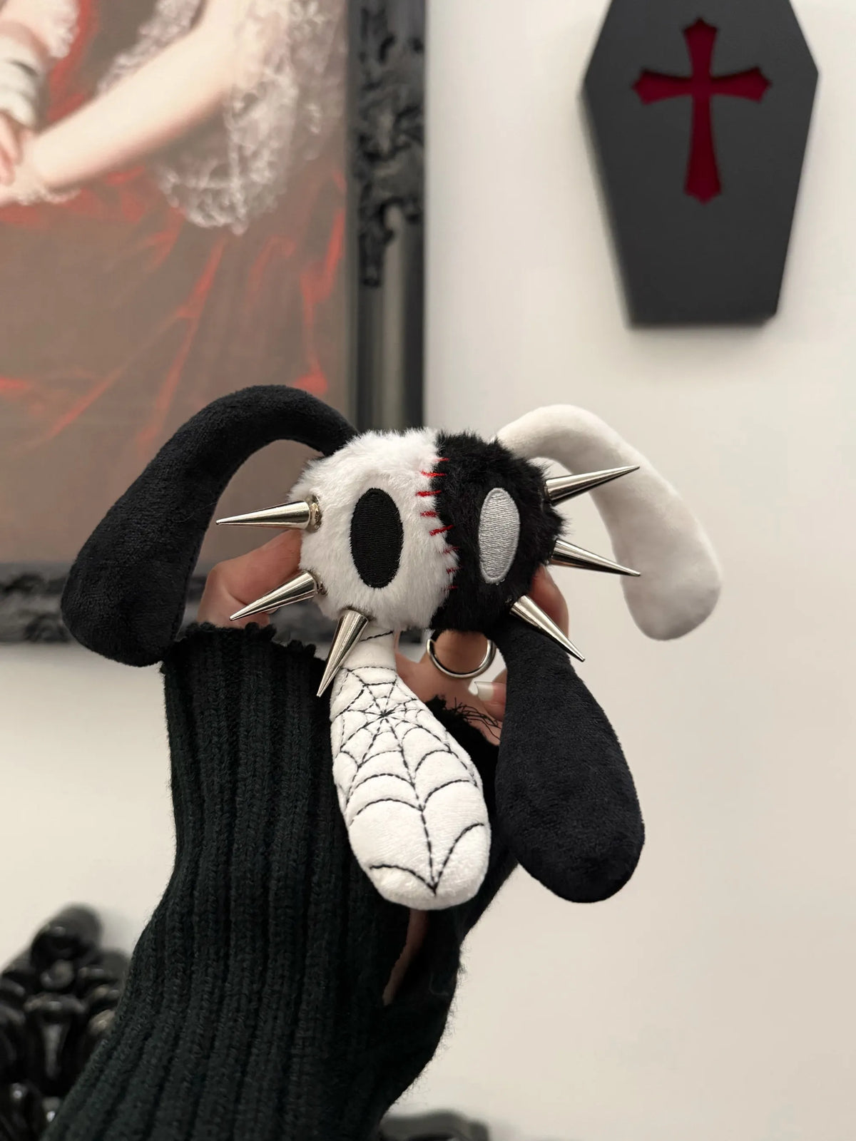 Y2K Punk Anti-Cony Skeleton Rabbit Plush Keyring - Black & White Yin Yang Edition Bag Charm with Spikes | Blackyyds