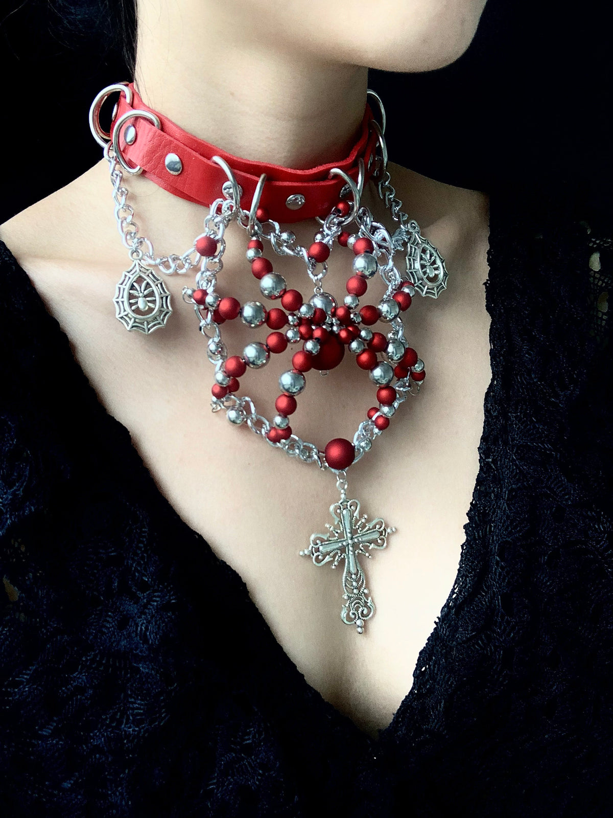 Silver Red Spider Necklace Collar Dark Punk Gothic Choker angle view | Blackyyds