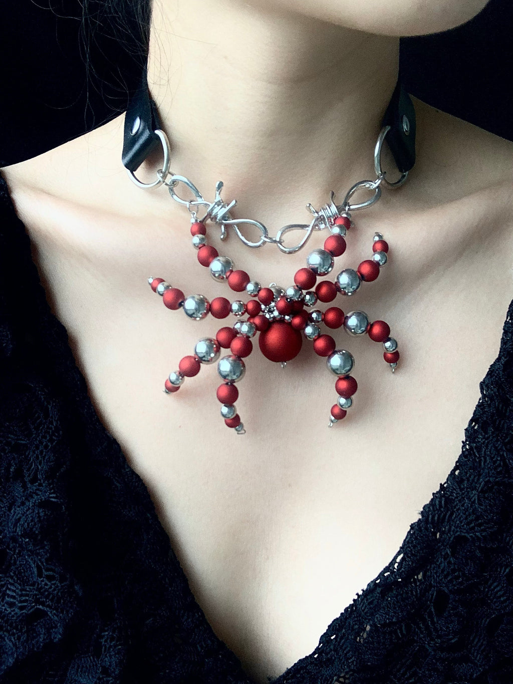 Silver Red Spider Necklace Collar Dark Punk Gothic Choker detail shot | Blackyyds