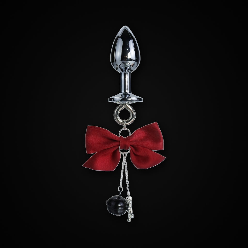 Silver-Tone Satin Bow Black Bell Jewel Plug in Red