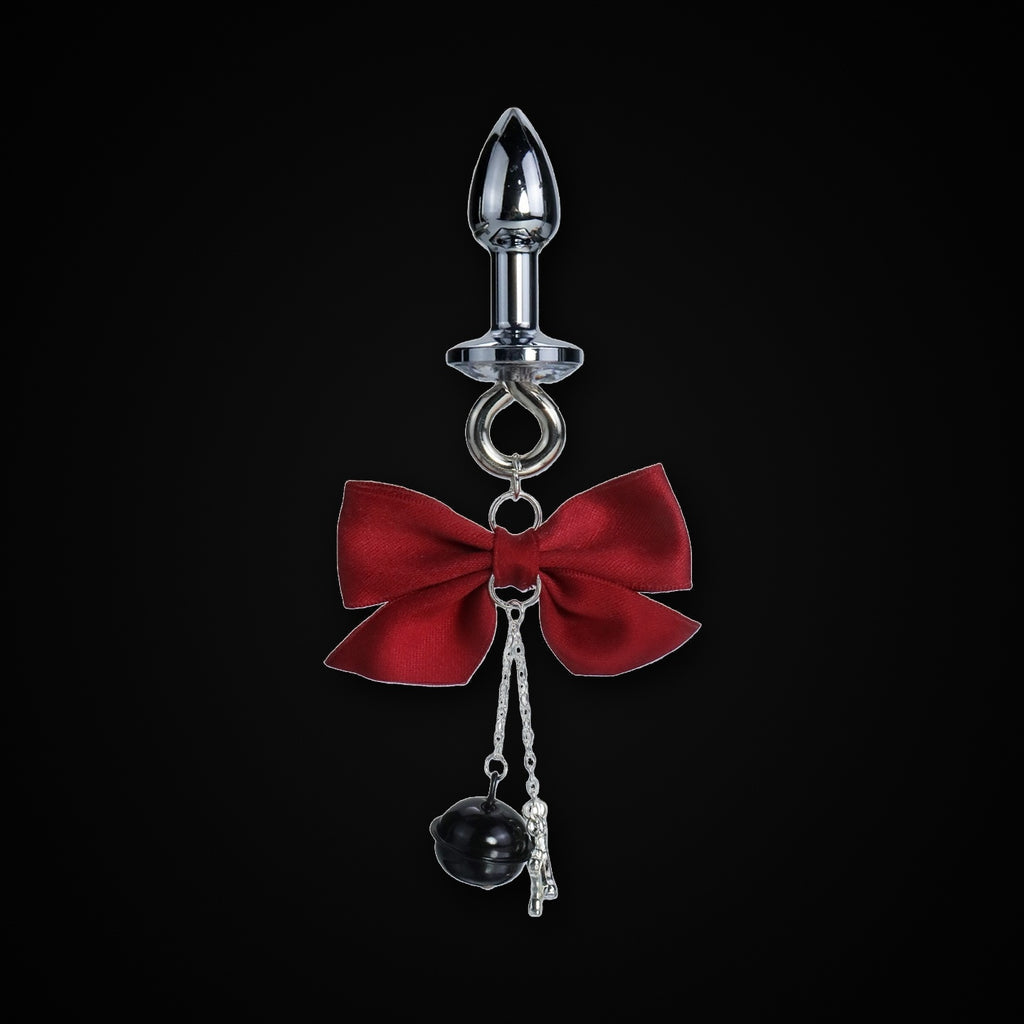 Silver-Tone Satin Bow Black Bell Jewel Plug in Red