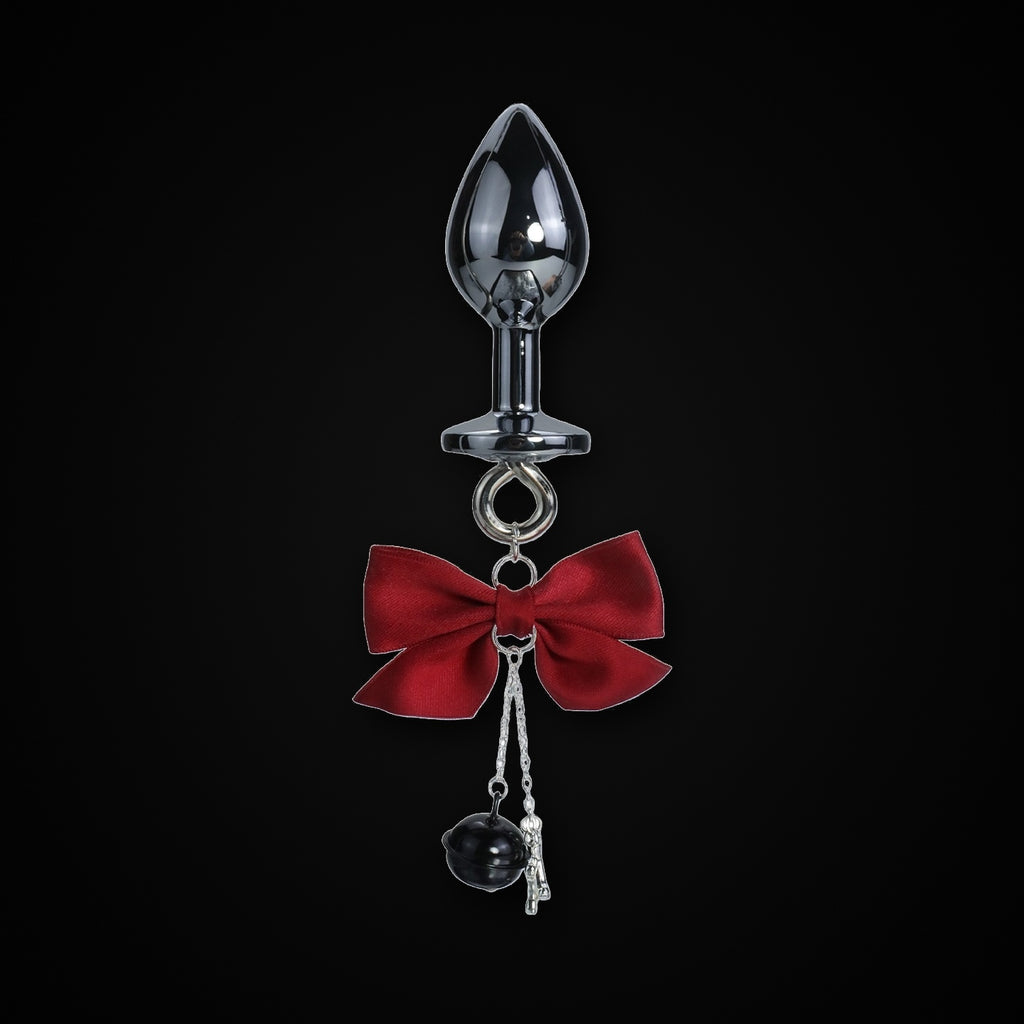 Silver-Tone Satin Bow Black Bell Jewel Plug in Red