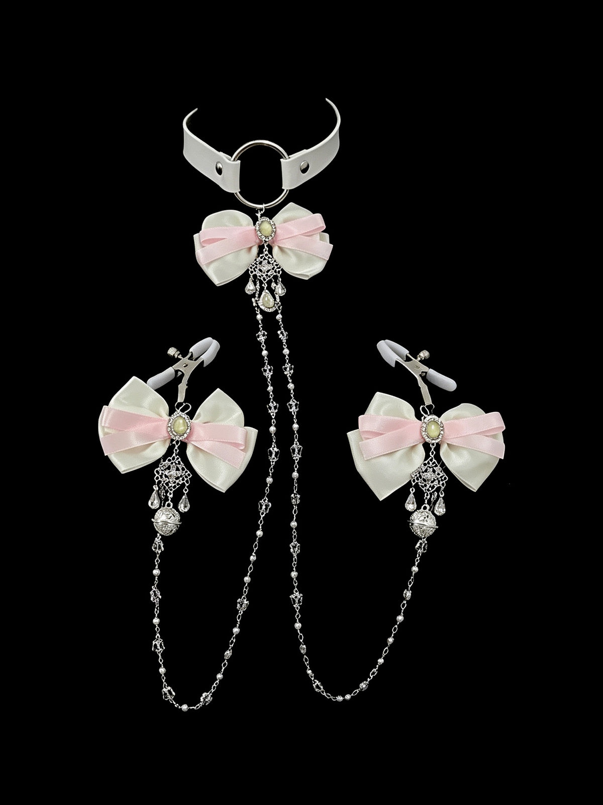 Y2K Bow Bell Choker - Pink-and-White with Body Chain | Blackyyds