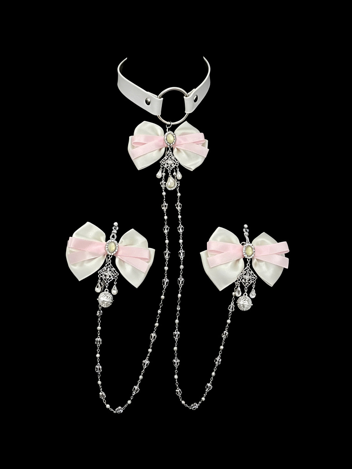 Y2K Bow Bell Choker - Pink-and-White with Body Chain close-up detail | Blackyyds