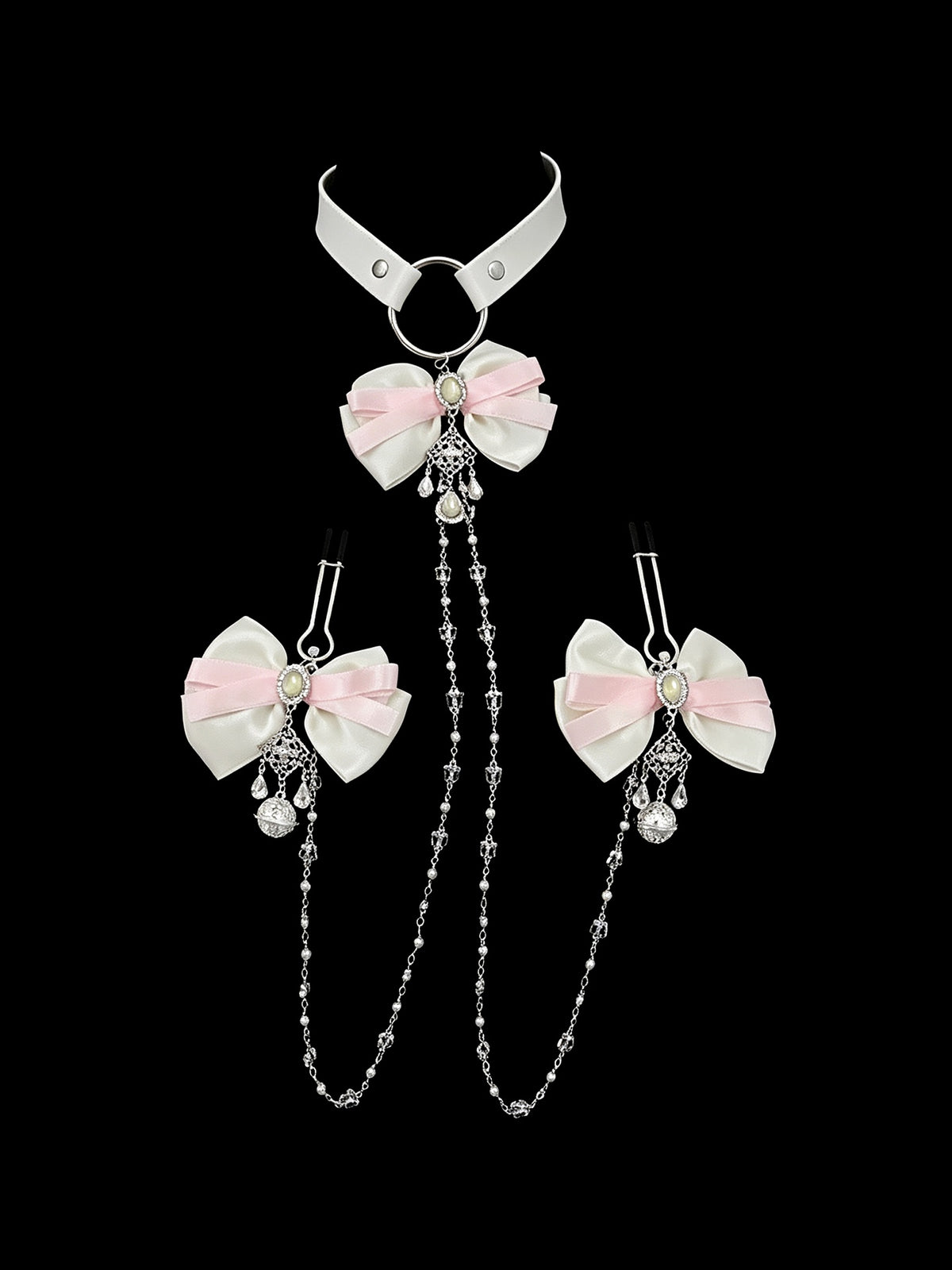 Y2K Bow Bell Choker - Pink-and-White with Body Chain product view 2 | Blackyyds