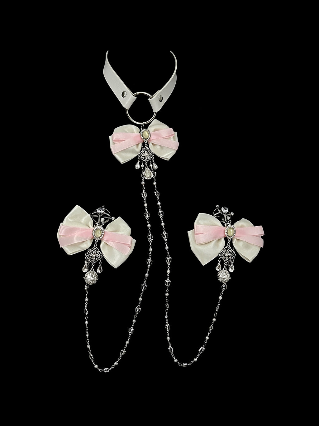 Y2K Bow Bell Choker - Pink-and-White with Body Chain angle view | Blackyyds