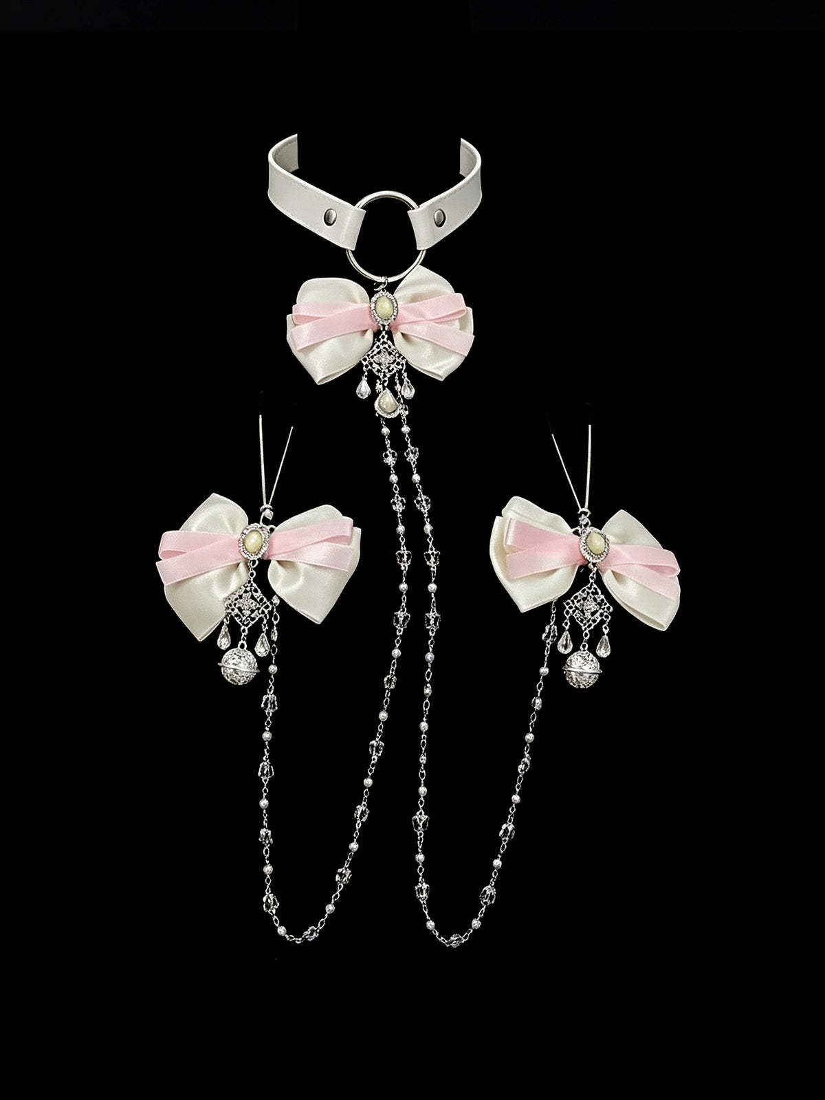 Y2K Bow Bell Choker - Pink-and-White with Body Chain belly chain detail shot | Blackyyds