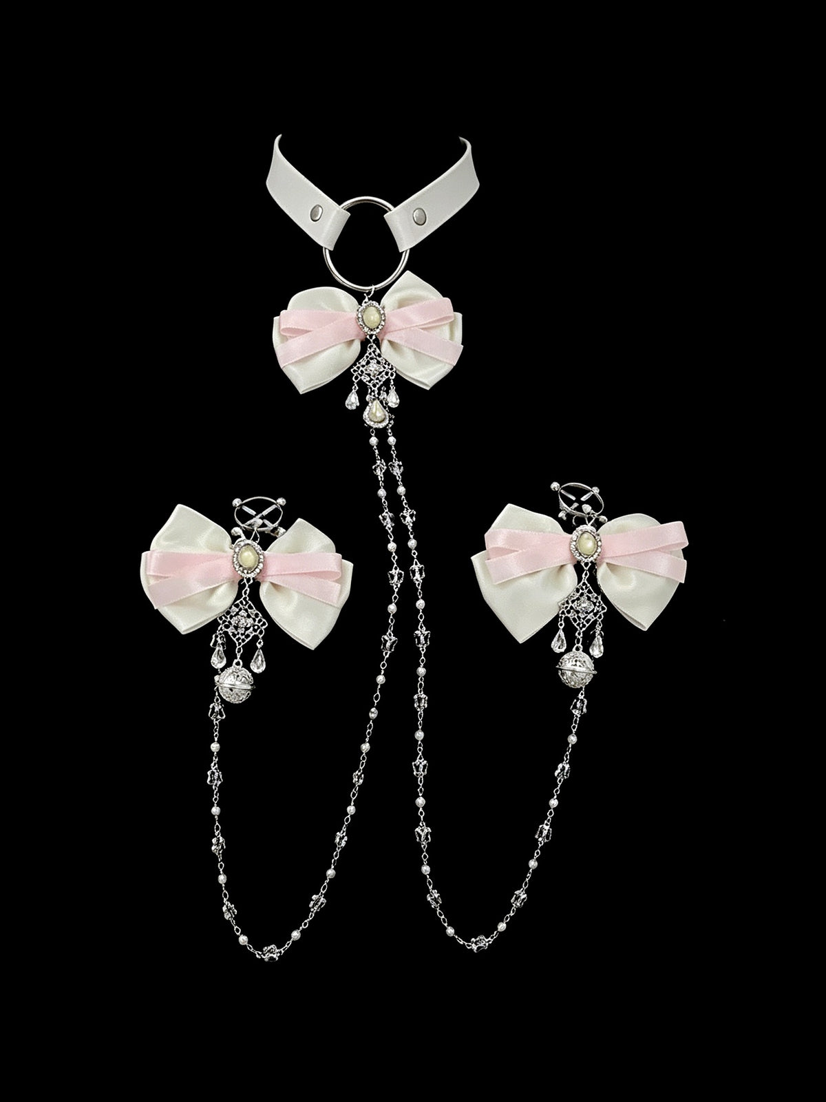 Y2K Bow Bell Choker - Pink-and-White with Body Chain product view 3 | Blackyyds