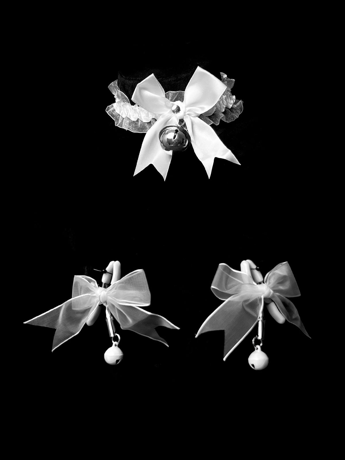 Y2K Bow Bell Set - Black-and-White Clip Attachment y2k necklace product view 2 | Blackyyds