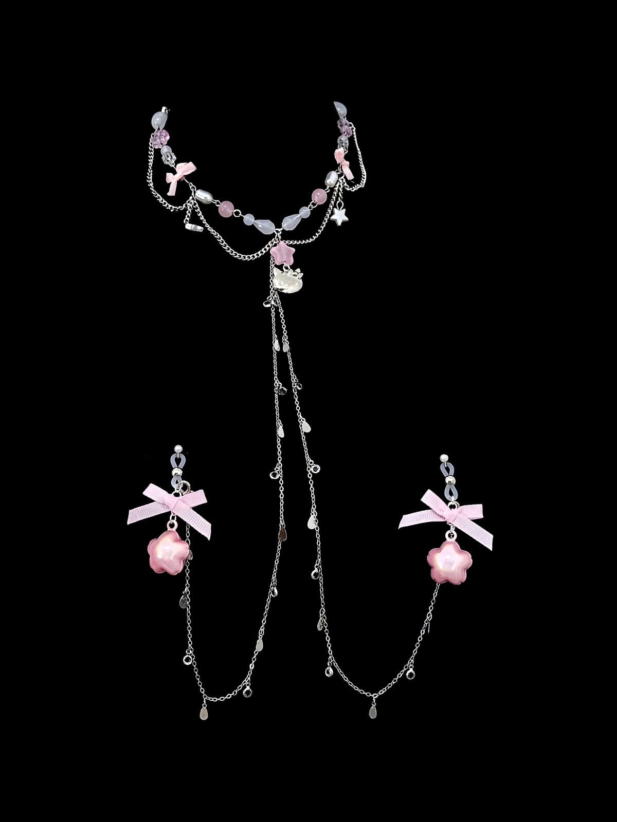 Y2K Cat Choker - Pink with Body Chain close-up detail | Blackyyds