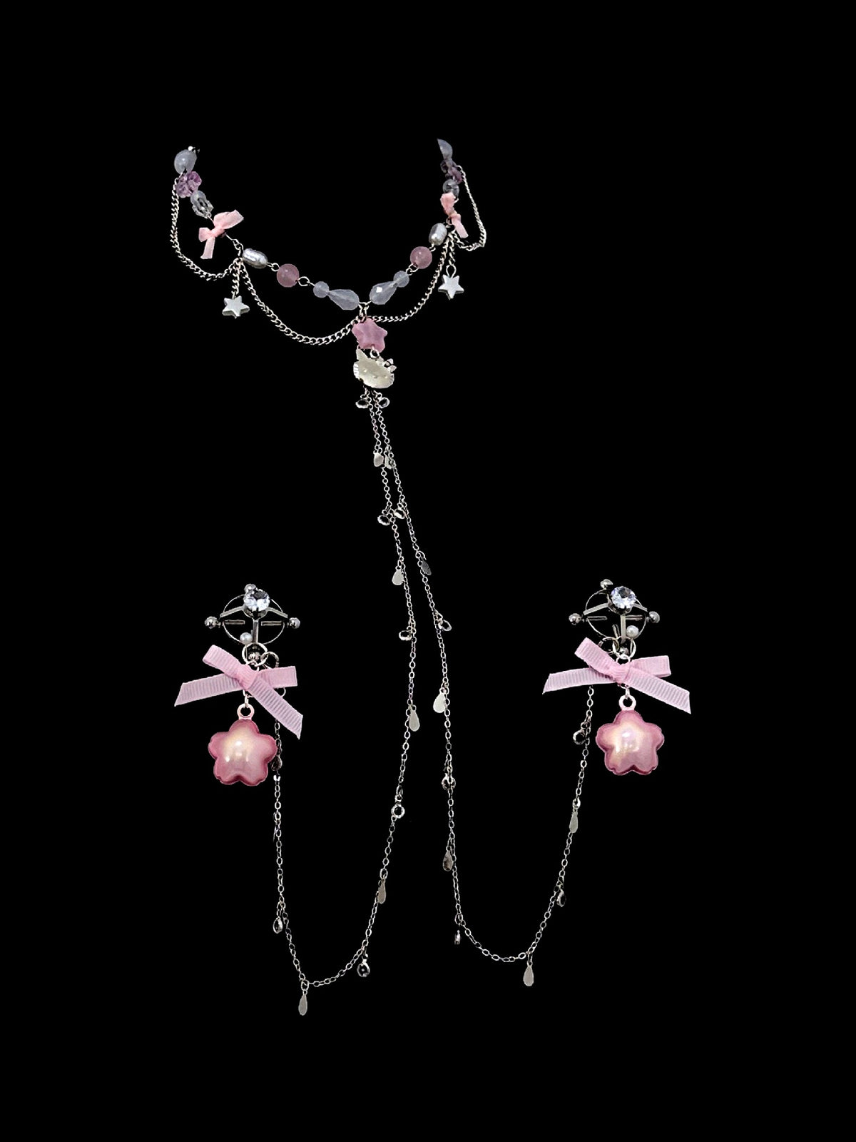 Y2K Cat Choker - Pink with Body Chain angle view | Blackyyds