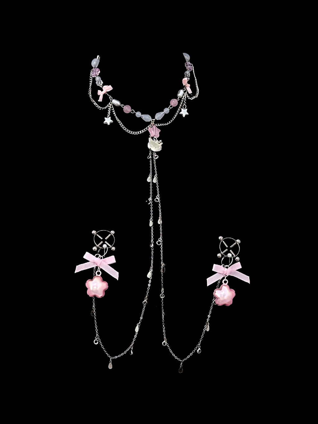 Y2K Cat Choker - Pink with Body Chain belly chain detail shot | Blackyyds