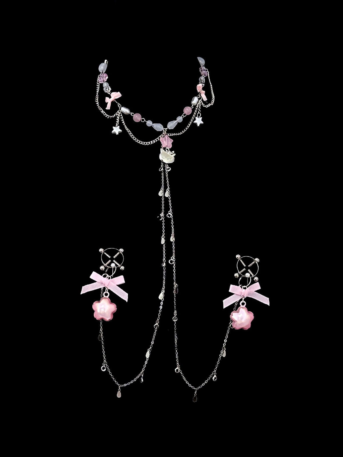 Y2K Cat Choker - Pink with Body Chain belly chain detail shot | Blackyyds