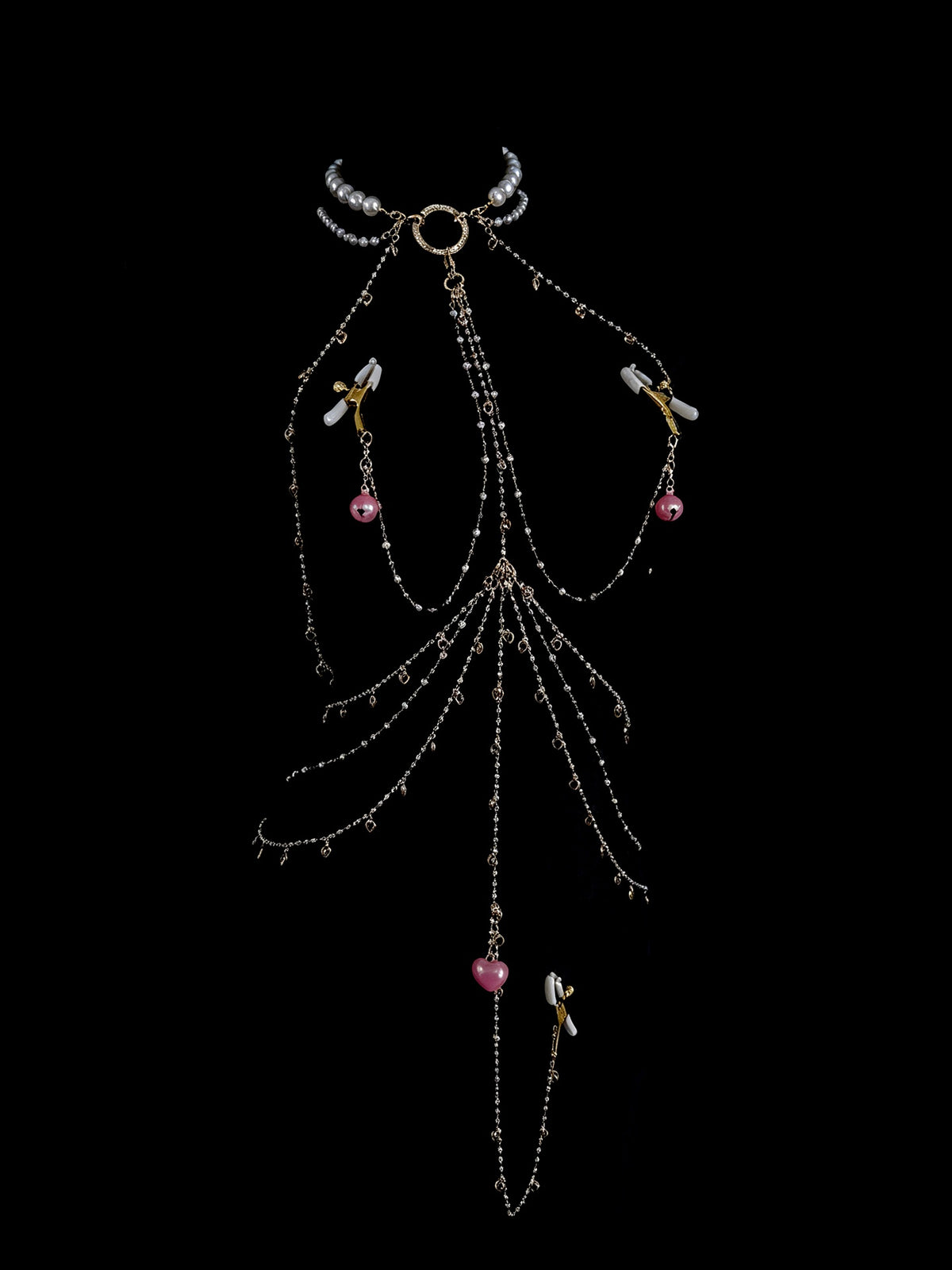 Y2K Heart Bell Choker - with Body Chain close-up detail | Blackyyds