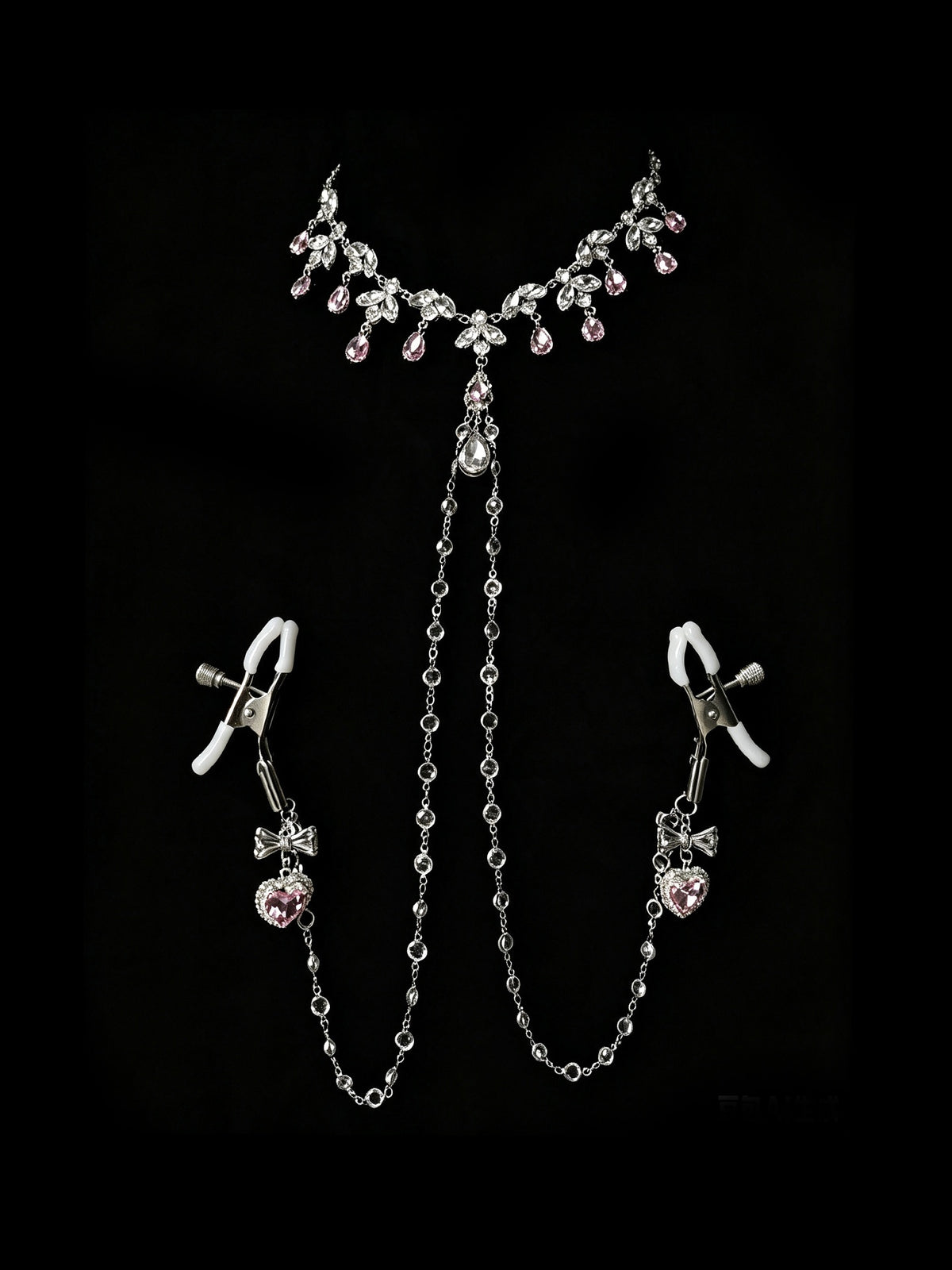 Y2K Heart Choker - Pink Rhinestone with Body Chain close-up detail | Blackyyds