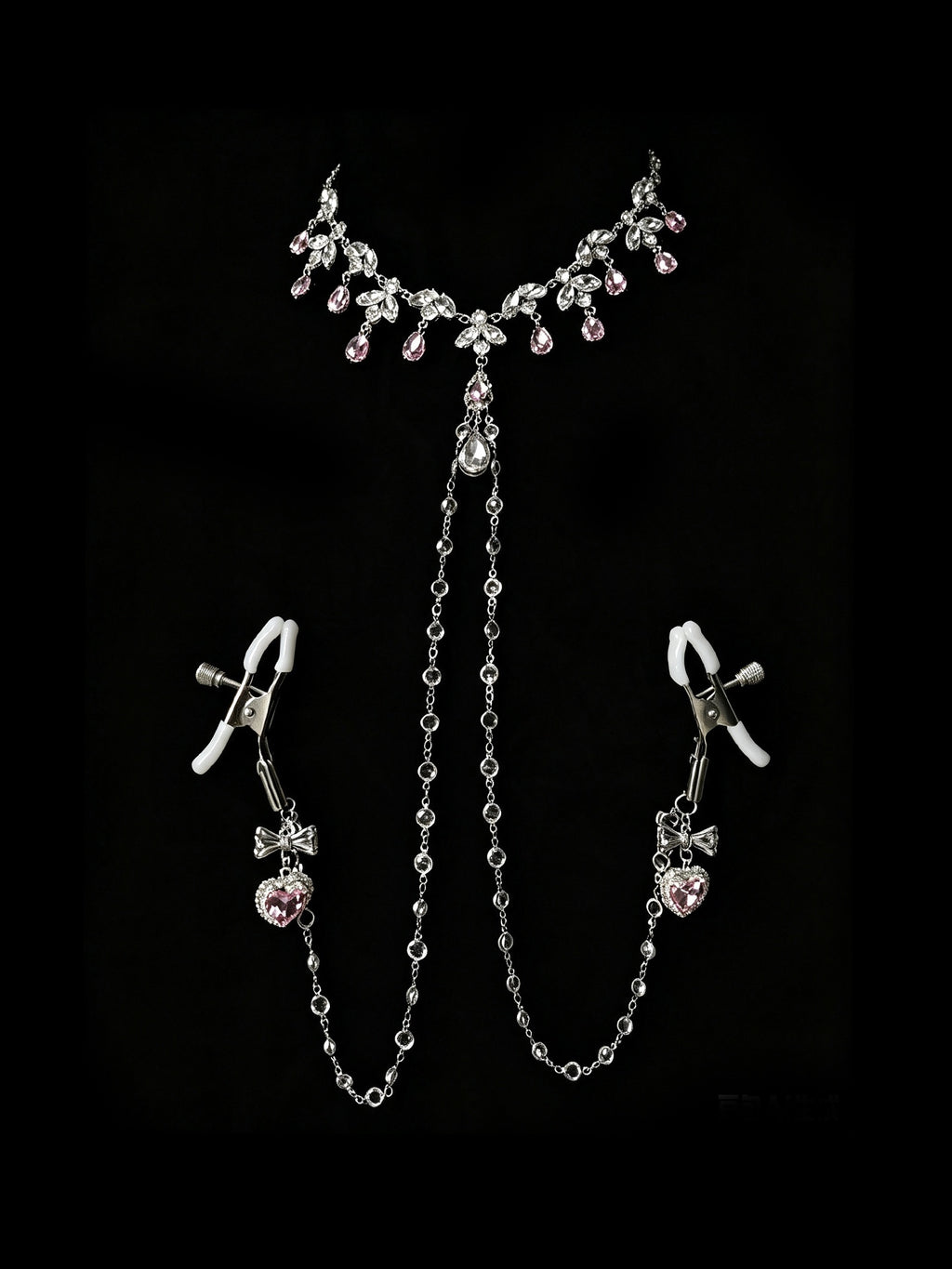 Y2K Heart Choker - Pink Rhinestone Clip Attachment belly chain detail shot | Blackyyds